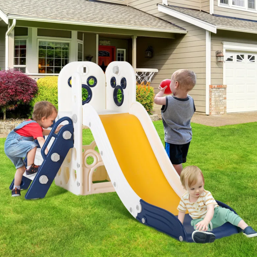 Kids Slide L-Shaped, 4 in 1 Slide Climber for Toddler, with Ball & Hoop